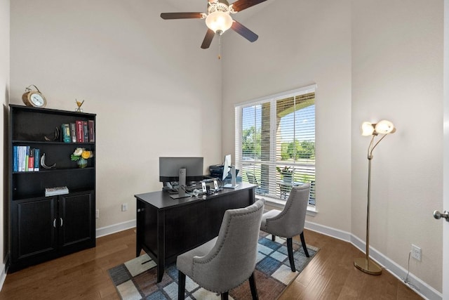 143 Pink Granite Blvd, Dripping Springs, TX 78620 - office space featuring wood finished floors, ceiling fan, baseboards, and a high ceiling