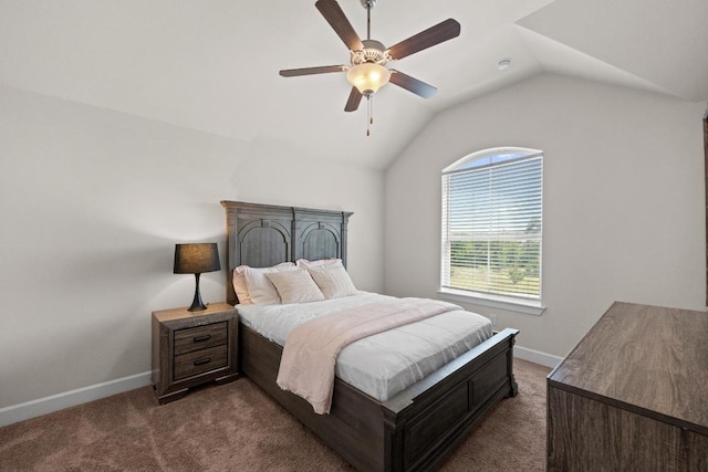143 Pink Granite Blvd, Dripping Springs, TX 78620 - bedroom featuring dark carpet, lofted ceiling, baseboards, and a ceiling fan