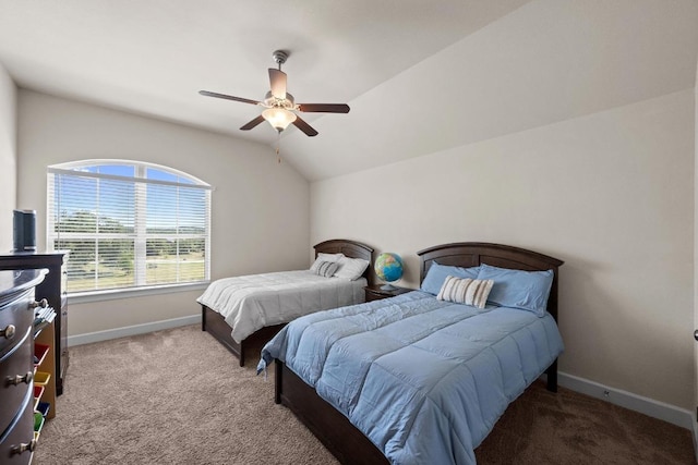 143 Pink Granite Blvd, Dripping Springs, TX 78620 - bedroom with carpet floors, baseboards, lofted ceiling, and a ceiling fan