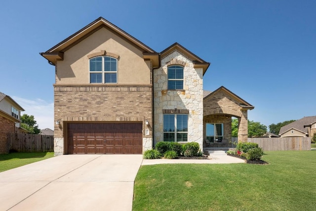 143 Pink Granite Blvd, Dripping Springs, TX 78620 - french country home featuring stone siding, a garage, concrete driveway, stucco siding, and brick siding