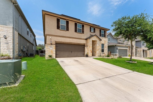 13911 Tribeca, San Antonio, TX 78245 - view of front of house featuring central AC unit, stone siding, an attached garage, concrete driveway, and a front lawn