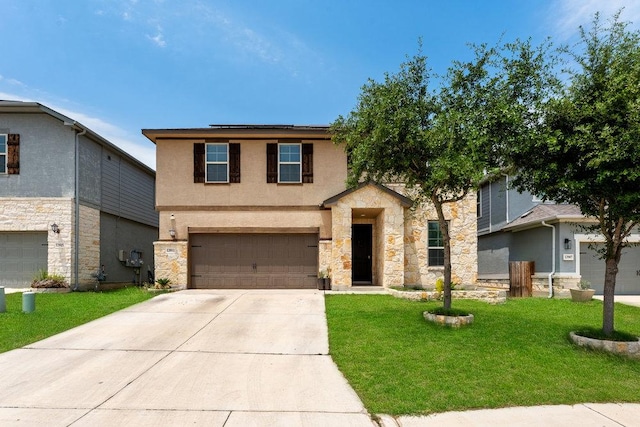 13911 Tribeca, San Antonio, TX 78245 - traditional-style home with an attached garage, a front lawn, driveway, roof mounted solar panels, and stone siding