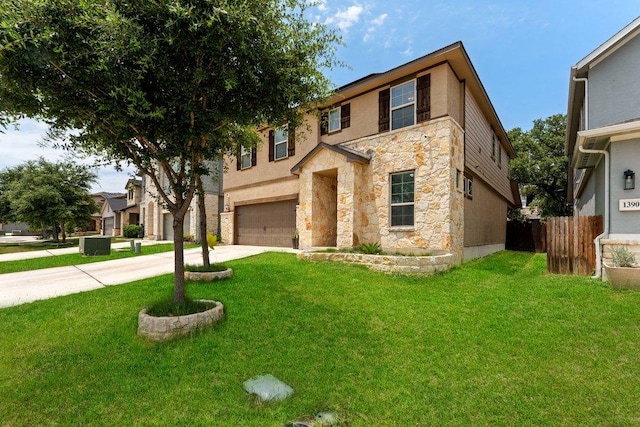 13911 Tribeca, San Antonio, TX 78245 - view of front of home with a garage, stone siding, concrete driveway, and stucco siding