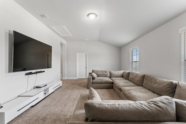 13911 Tribeca, San Antonio, TX 78245 - living room with carpet flooring, lofted ceiling, attic access, and baseboards