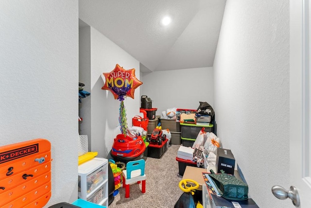 13911 Tribeca, San Antonio, TX 78245 - playroom featuring carpet flooring, vaulted ceiling, and a textured wall