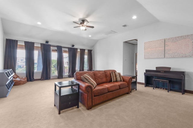 2904 Kodiak Cv, Cedar Park, TX 78613 - living area featuring lofted ceiling, light colored carpet, a ceiling fan, recessed lighting, and baseboards
