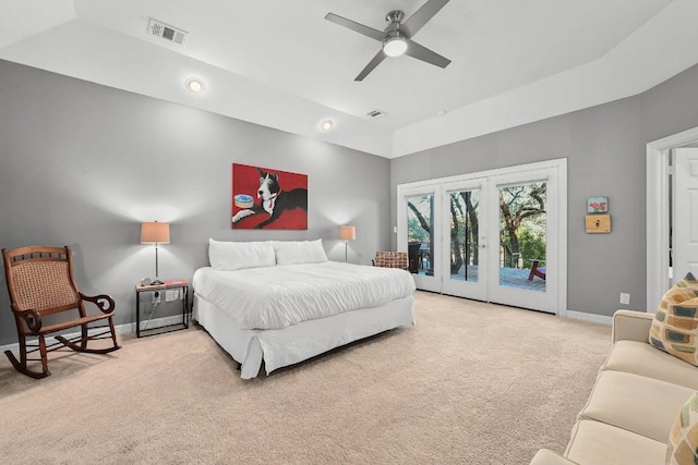 10003 Baxter Ln, Austin, TX 78736 - bedroom featuring light carpet, access to exterior, french doors, and ceiling fan