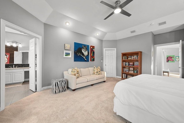 10003 Baxter Ln, Austin, TX 78736 - bedroom with light colored carpet, ensuite bath, ceiling fan, recessed lighting, and vaulted ceiling
