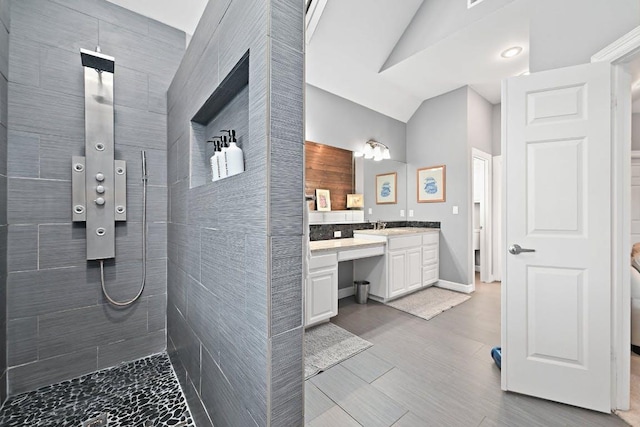 10003 Baxter Ln, Austin, TX 78736 - full bath featuring vaulted ceiling, vanity, and walk in shower