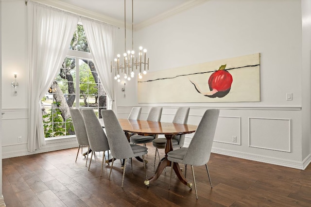 10003 Baxter Ln, Austin, TX 78736 - dining space with a decorative wall, dark wood-style floors, crown molding, wainscoting, and a chandelier