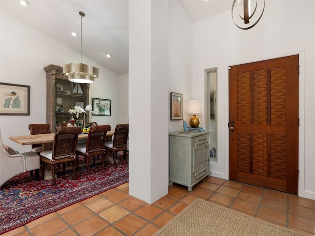 106 Southern Spur, Horseshoe Bay, TX 78657 - tiled foyer with a chandelier, high vaulted ceiling, and recessed lighting