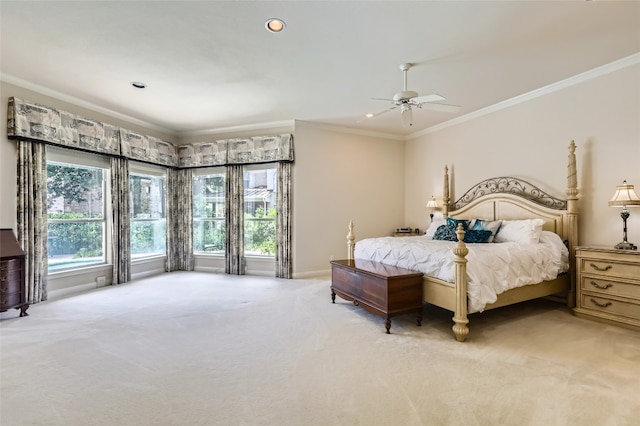 29 Tiburon Dr, The Hills, TX 78738 - bedroom with light carpet, crown molding, ceiling fan, and recessed lighting