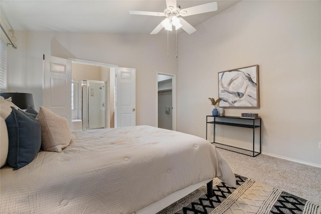 10500 Hendon St, Austin, TX 78748 - carpeted bedroom featuring high vaulted ceiling, ceiling fan, a spacious closet, ensuite bath, and baseboards