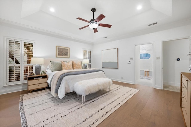 3404 Riva Ridge Rd, Austin, TX 78746 - bedroom featuring a raised ceiling, wood finished floors, baseboards, recessed lighting, and ceiling fan
