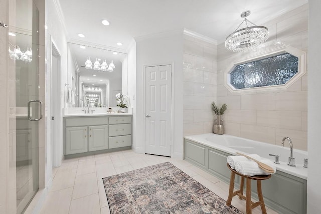 3404 Riva Ridge Rd, Austin, TX 78746 - full bathroom featuring a chandelier, a bath, a stall shower, vanity, and crown molding