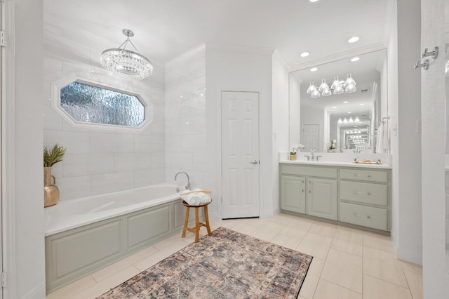 3404 Riva Ridge Rd, Austin, TX 78746 - full bathroom with a chandelier, a garden tub, vanity, tile patterned floors, and recessed lighting