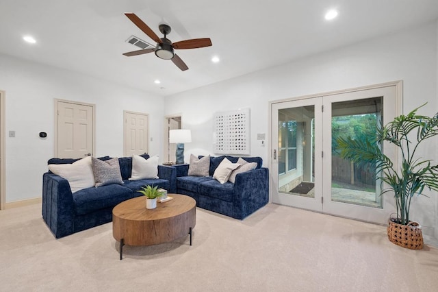 3404 Riva Ridge Rd, Austin, TX 78746 - living area with carpet flooring, ceiling fan, and recessed lighting