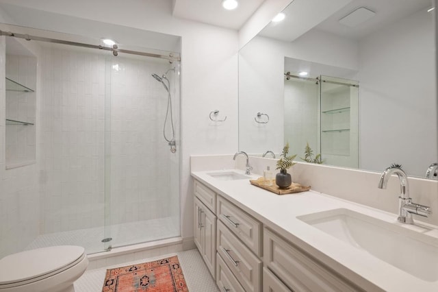 3404 Riva Ridge Rd, Austin, TX 78746 - full bathroom with toilet, a shower stall, double vanity, tile patterned flooring, and recessed lighting