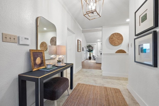 3404 Riva Ridge Rd, Austin, TX 78746 - hallway with crown molding, a chandelier, and baseboards