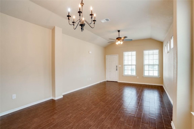 113-119 Creekside Villa Dr, Kyle, TX 78640 - spare room featuring ceiling fan, a chandelier, vaulted ceiling, dark wood-style floors, and baseboards