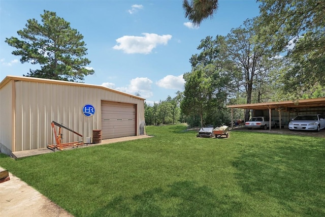 129 Country Air Dr, Bastrop, TX 78602 - view of grassy yard with a garage, an outbuilding, a carport, and driveway