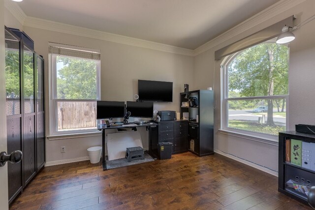 8132 Amelia Cv, Austin, TX 78750 - office area with healthy amount of natural light, dark wood-type flooring, and crown molding