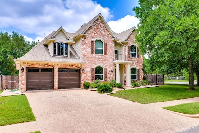8132 Amelia Cv, Austin, TX 78750 - colonial house featuring a balcony, driveway, roof with shingles, and brick siding