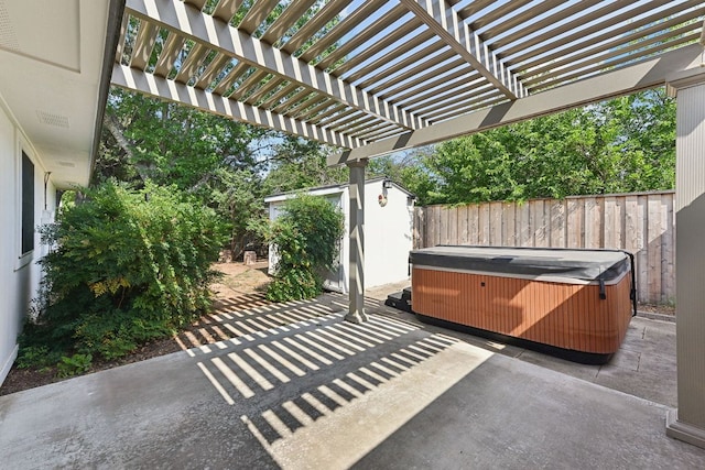707 Clearwater Trl, Round Rock, TX 78664 - fenced backyard featuring a hot tub, a patio, and a pergola