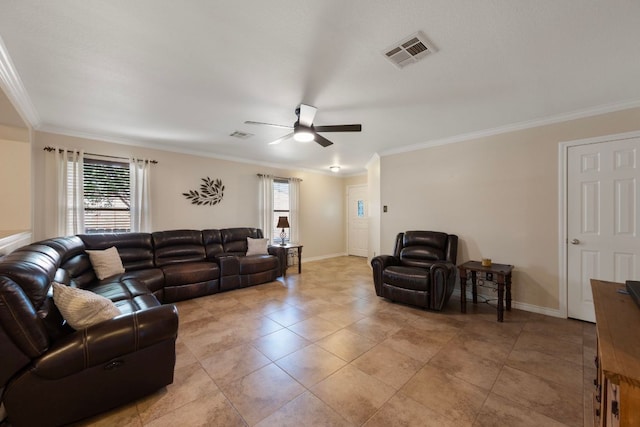 205 Banner Ave, Leander, TX 78641 - living room with healthy amount of natural light, crown molding, a ceiling fan, baseboards, and light tile patterned floors