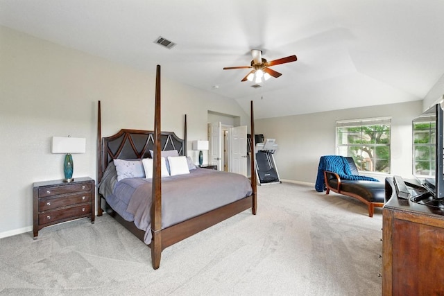 10220 N Chestnut Ridge Rd, Austin, TX 78726 - bedroom with light colored carpet, vaulted ceiling, ceiling fan, and baseboards