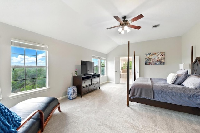 10220 N Chestnut Ridge Rd, Austin, TX 78726 - bedroom with light carpet, baseboards, vaulted ceiling, and ceiling fan