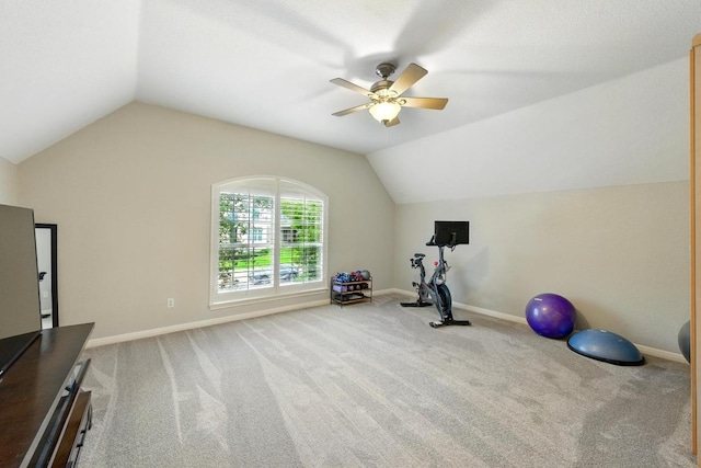 10220 N Chestnut Ridge Rd, Austin, TX 78726 - exercise area featuring lofted ceiling, ceiling fan, carpet flooring, and baseboards