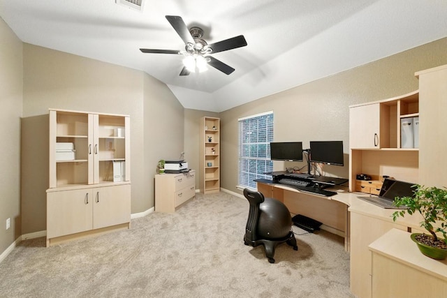 10220 N Chestnut Ridge Rd, Austin, TX 78726 - office with a ceiling fan, light colored carpet, baseboards, and lofted ceiling