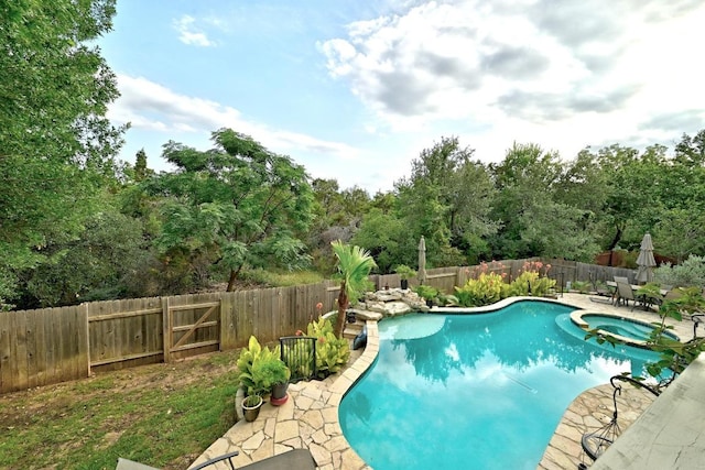 10220 N Chestnut Ridge Rd, Austin, TX 78726 - view of swimming pool featuring a fenced backyard, a patio area, a pool with connected hot tub, and view of scattered trees
