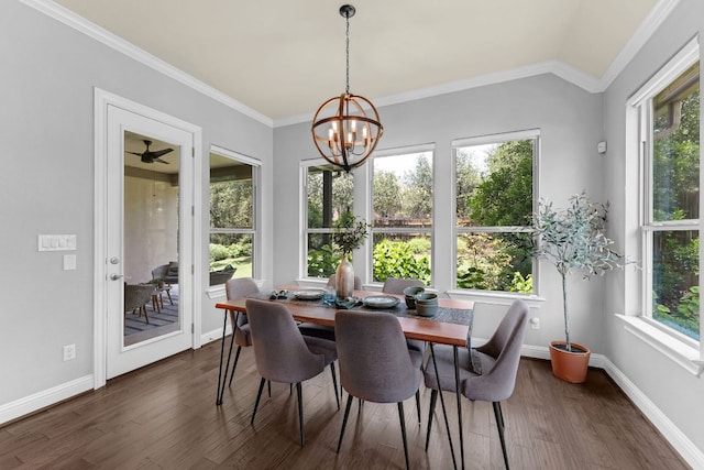 8316 Evelina Trl, Austin, TX 78737 - dining space with crown molding, a chandelier, dark wood-style floors, baseboards, and lofted ceiling