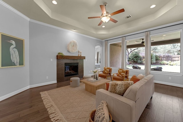 8316 Evelina Trl, Austin, TX 78737 - living room with a tray ceiling, healthy amount of natural light, ceiling fan, dark wood-style floors, and recessed lighting
