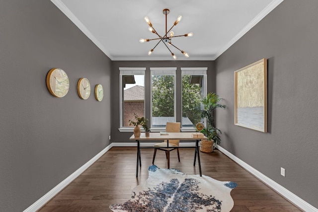 8316 Evelina Trl, Austin, TX 78737 - office space featuring a chandelier, ornamental molding, dark wood finished floors, and baseboards