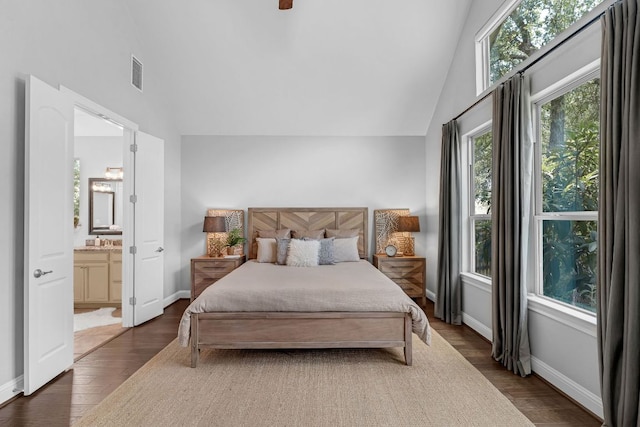 8316 Evelina Trl, Austin, TX 78737 - bedroom with wood finished floors, connected bathroom, high vaulted ceiling, and baseboards