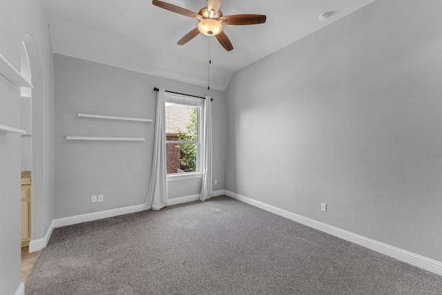 8316 Evelina Trl, Austin, TX 78737 - unfurnished room featuring ceiling fan, carpet floors, baseboards, and vaulted ceiling