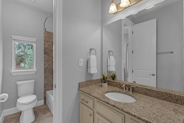8316 Evelina Trl, Austin, TX 78737 - full bath featuring vanity, toilet, shower / bathtub combination, tile patterned flooring, and baseboards