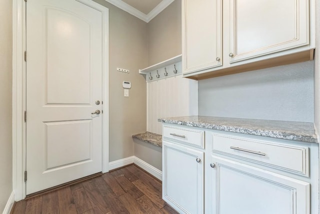 8316 Evelina Trl, Austin, TX 78737 - mudroom featuring crown molding, baseboards, and dark wood finished floors