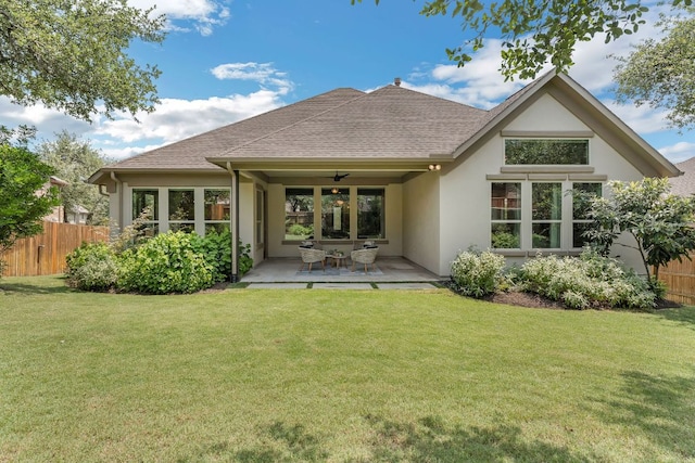 8316 Evelina Trl, Austin, TX 78737 - back of property featuring stucco siding, ceiling fan, roof with shingles, and a patio