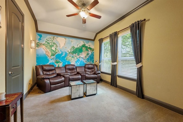 5700 Cherokee Draw Rd, Austin, TX 78738 - living room featuring carpet, a ceiling fan, and crown molding