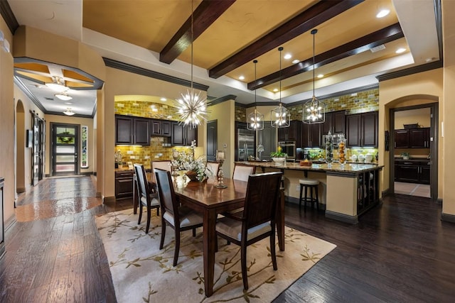 5700 Cherokee Draw Rd, Austin, TX 78738 - dining room featuring a chandelier, ornamental molding, dark wood-style flooring, beam ceiling, and recessed lighting