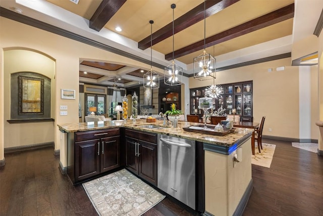 5700 Cherokee Draw Rd, Austin, TX 78738 - kitchen with dishwasher, beam ceiling, light stone countertops, open floor plan, and dark wood-style floors