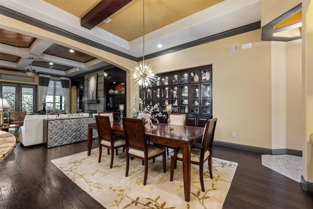 5700 Cherokee Draw Rd, Austin, TX 78738 - dining room featuring crown molding, arched walkways, wood finished floors, beamed ceiling, and coffered ceiling