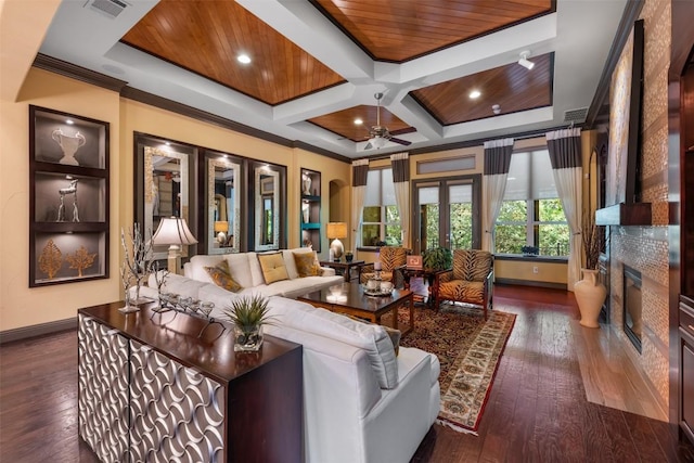 5700 Cherokee Draw Rd, Austin, TX 78738 - living area with a fireplace, wood-type flooring, baseboards, coffered ceiling, and french doors