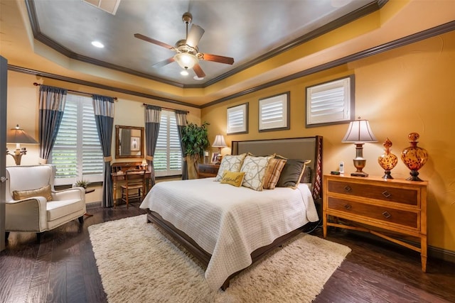 5700 Cherokee Draw Rd, Austin, TX 78738 - bedroom with crown molding, a tray ceiling, wood finished floors, recessed lighting, and ceiling fan