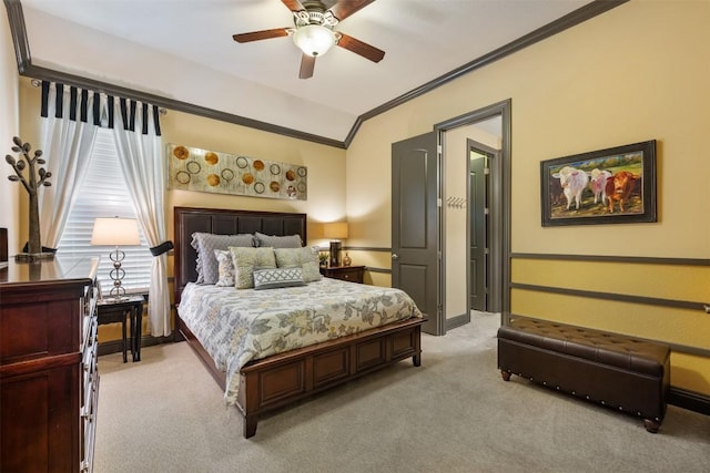 5700 Cherokee Draw Rd, Austin, TX 78738 - bedroom with crown molding, light colored carpet, a ceiling fan, and vaulted ceiling