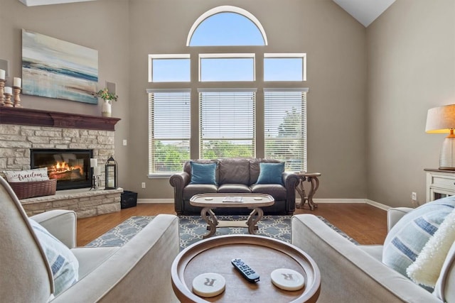 2700 Outlook Ridge Loop, Leander, TX 78641 - living area with a stone fireplace, wood finished floors, and high vaulted ceiling